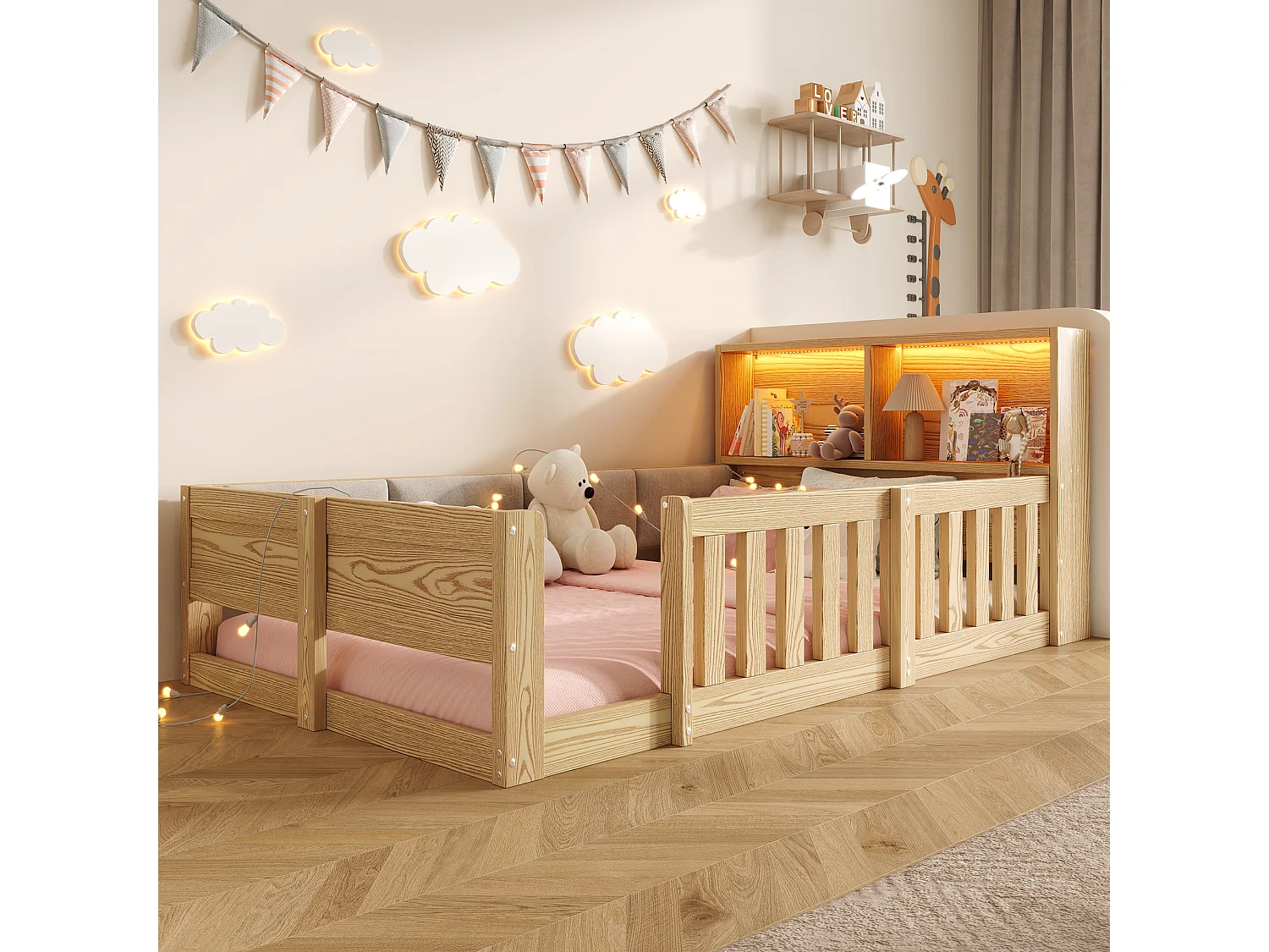 Kinderbett 90 x 200 cm - mit Sicherheitsgittern - gepolsterte Seitenwände - mit LED-Lichtband - natur (Matratze nicht enthalten)