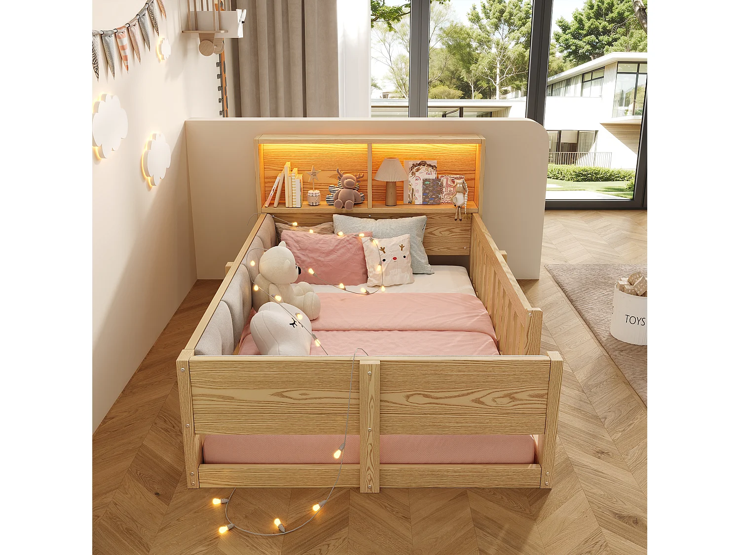 Kinderbett 90 x 200 cm - mit Sicherheitsgittern - gepolsterte Seitenwände - mit LED-Lichtband - natur (Matratze nicht enthalten)