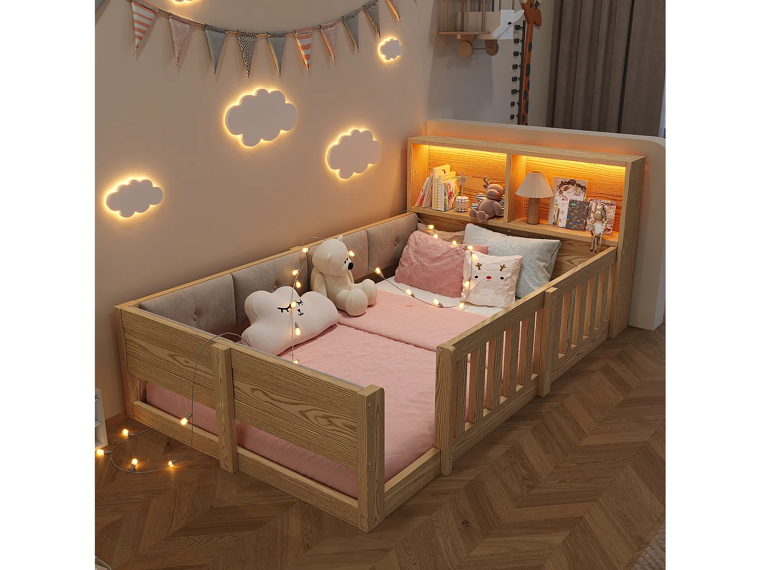 Kinderbett 90 x 200 cm - mit Sicherheitsgittern - gepolsterte Seitenwände - mit LED-Lichtband - natur (Matratze nicht enthalten)