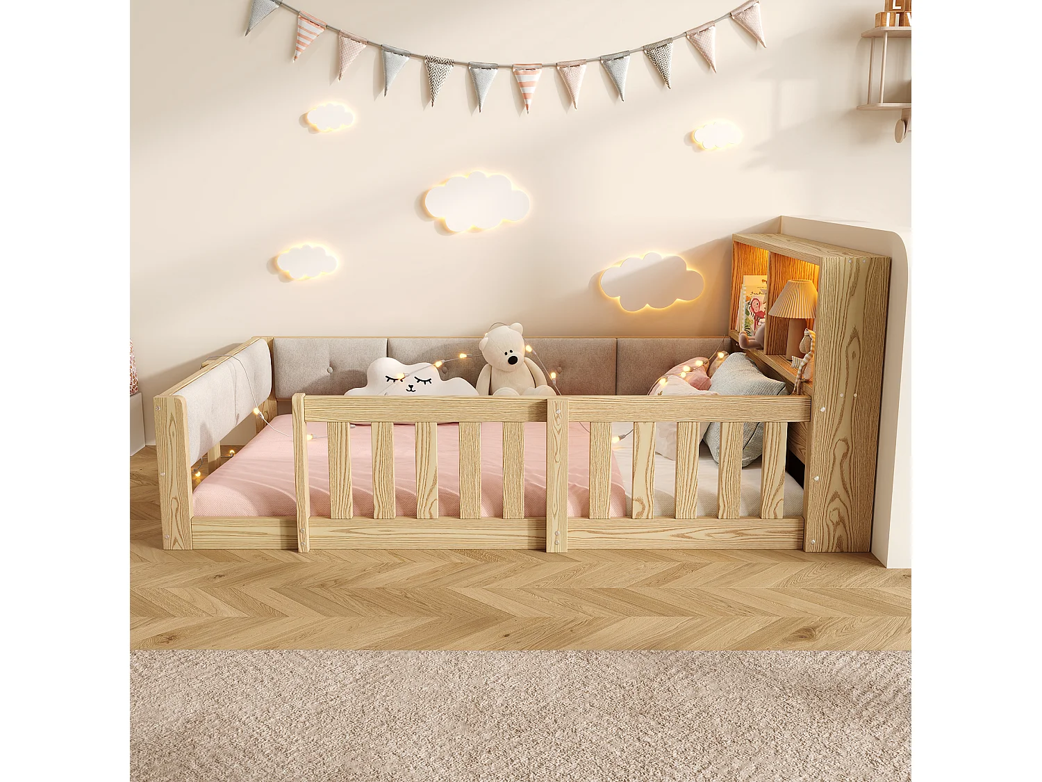 Kinderbett 90 x 200 cm - mit Sicherheitsgittern - gepolsterte Seitenwände - mit LED-Lichtband - natur (Matratze nicht enthalten)