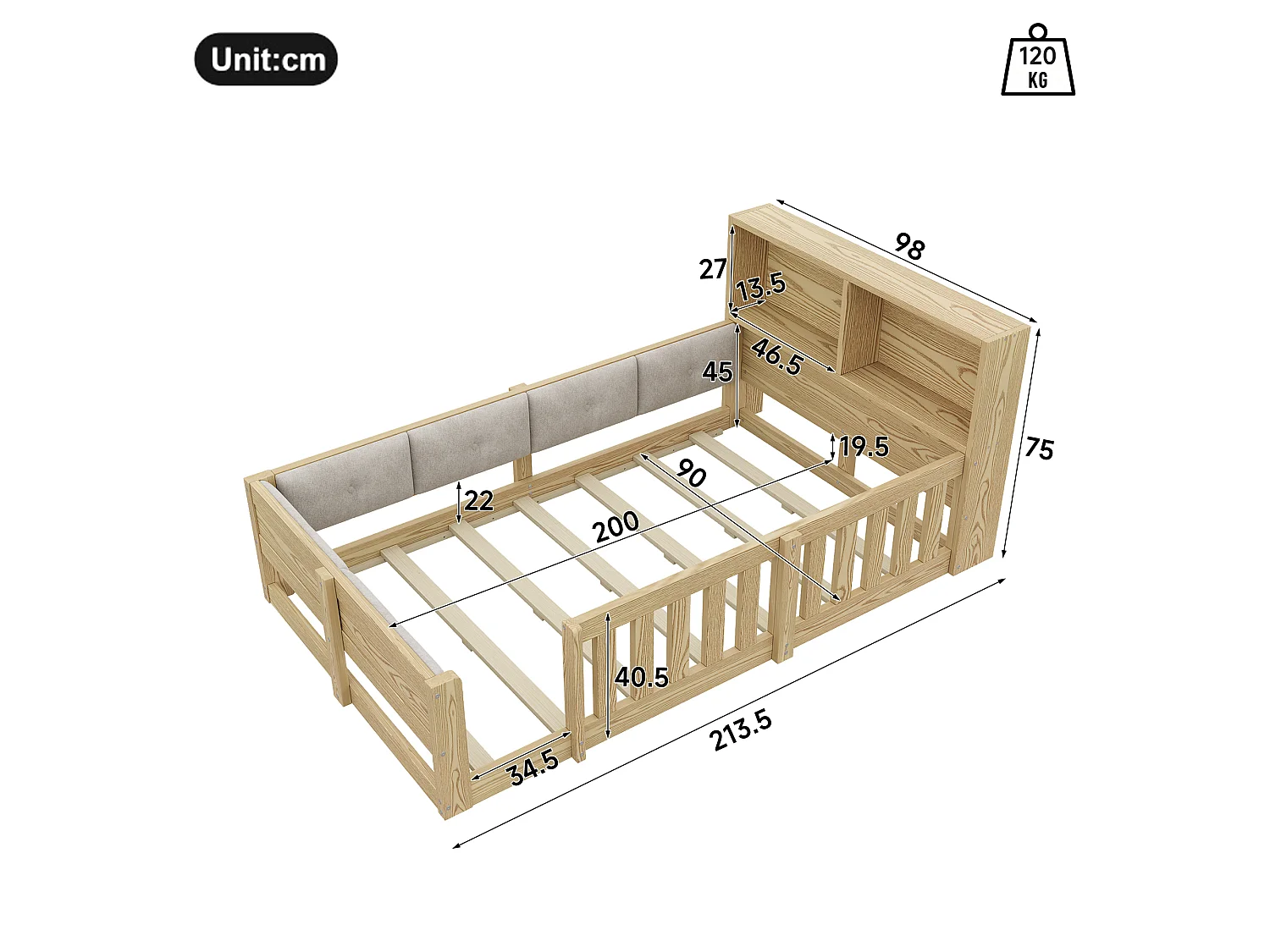 Kinderbett 90 x 200 cm - mit Sicherheitsgittern - gepolsterte Seitenwände - mit LED-Lichtband - natur (Matratze nicht enthalten)