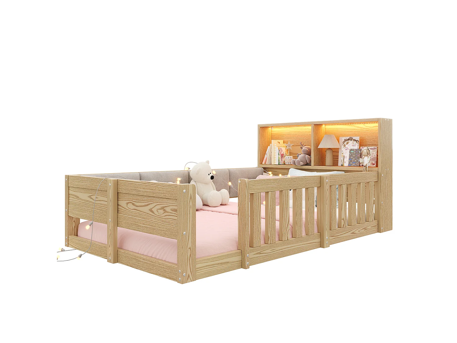 Kinderbett 90 x 200 cm - mit Sicherheitsgittern - gepolsterte Seitenwände - mit LED-Lichtband - natur (Matratze nicht enthalten)