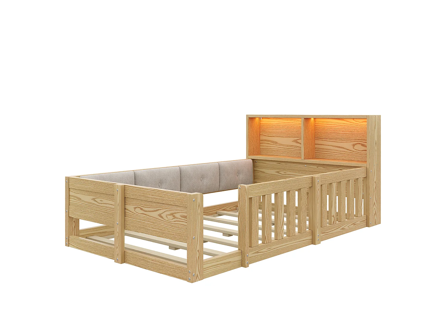 Kinderbett 90 x 200 cm - mit Sicherheitsgittern - gepolsterte Seitenwände - mit LED-Lichtband - natur (Matratze nicht enthalten)