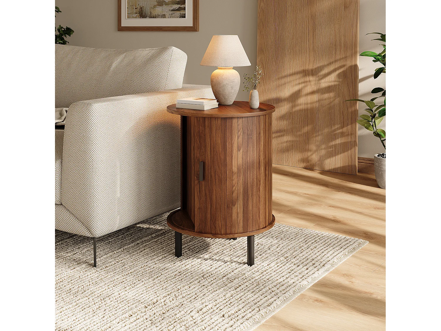 Table d'appoint, buffet rond 48x48x65 cm - 1 porte coulissante - Rayures verticales - Double rangement - Pieds en métal - Marron