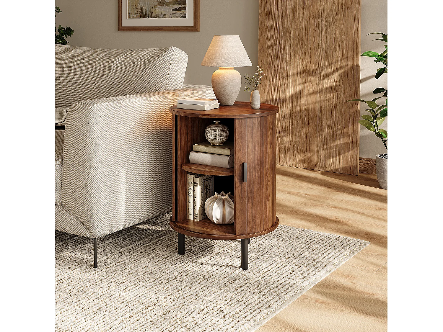 Table d'appoint, buffet rond 48x48x65 cm - 1 porte coulissante - Rayures verticales - Double rangement - Pieds en métal - Marron