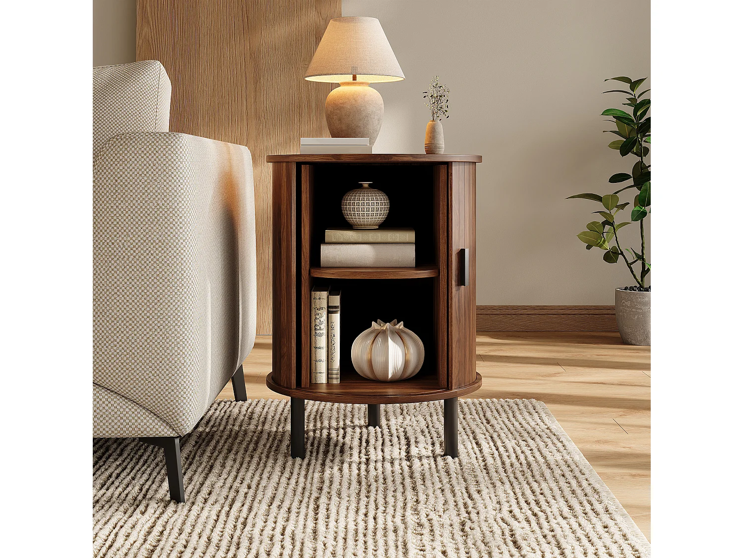Table d'appoint, buffet rond 48x48x65 cm - 1 porte coulissante - Rayures verticales - Double rangement - Pieds en métal - Marron