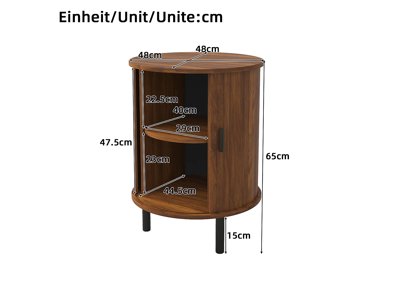 Table d'appoint, buffet rond 48x48x65 cm - 1 porte coulissante - Rayures verticales - Double rangement - Pieds en métal - Marron