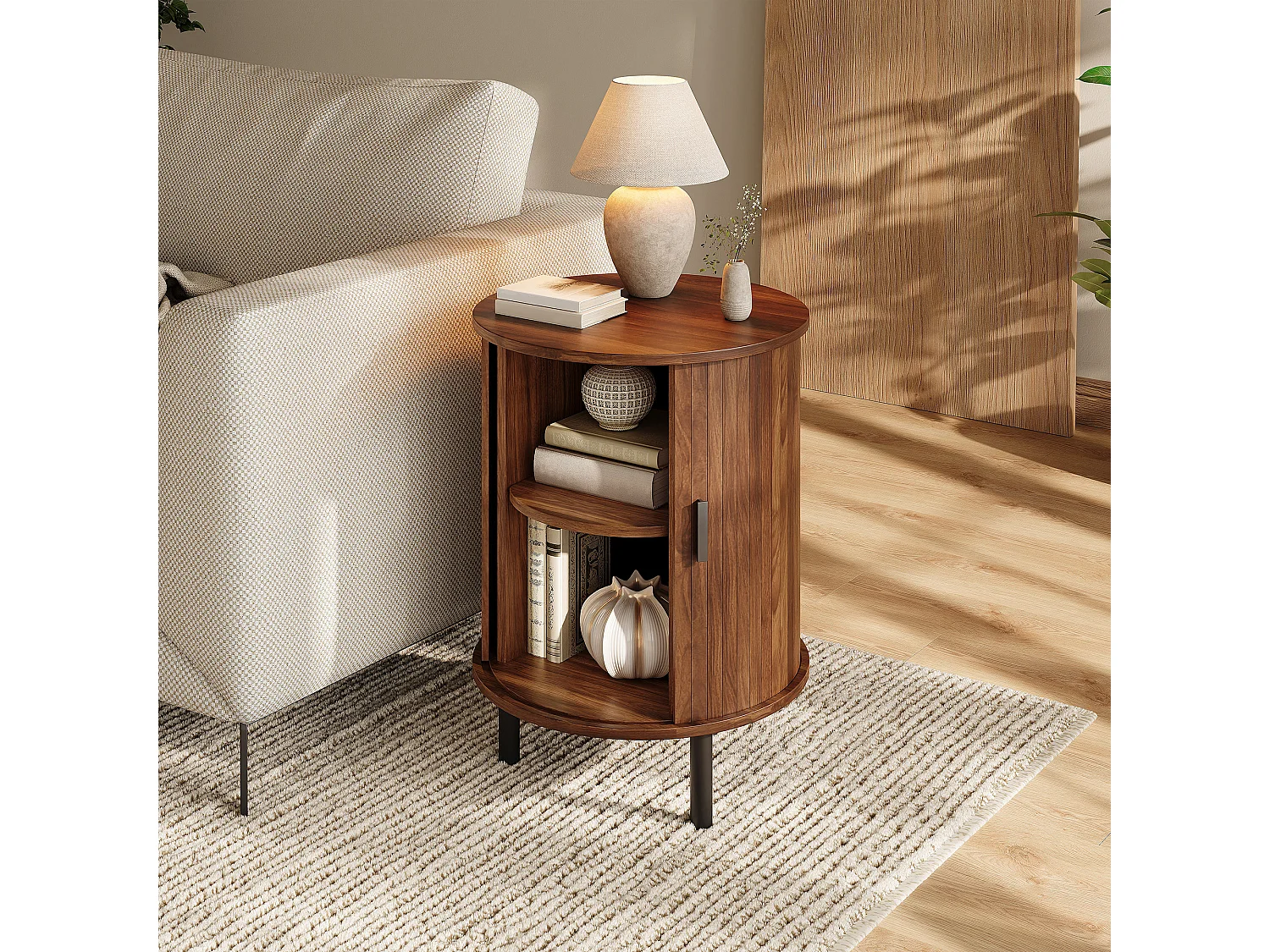 Table d'appoint, buffet rond 48x48x65 cm - 1 porte coulissante - Rayures verticales - Double rangement - Pieds en métal - Marron