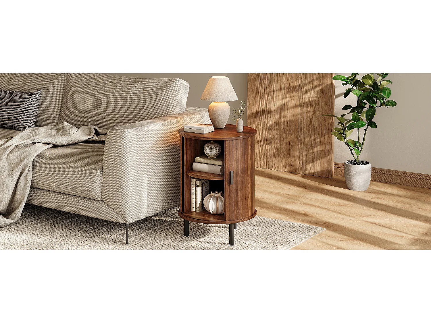 Table d'appoint, buffet rond 48x48x65 cm - 1 porte coulissante - Rayures verticales - Double rangement - Pieds en métal - Marron
