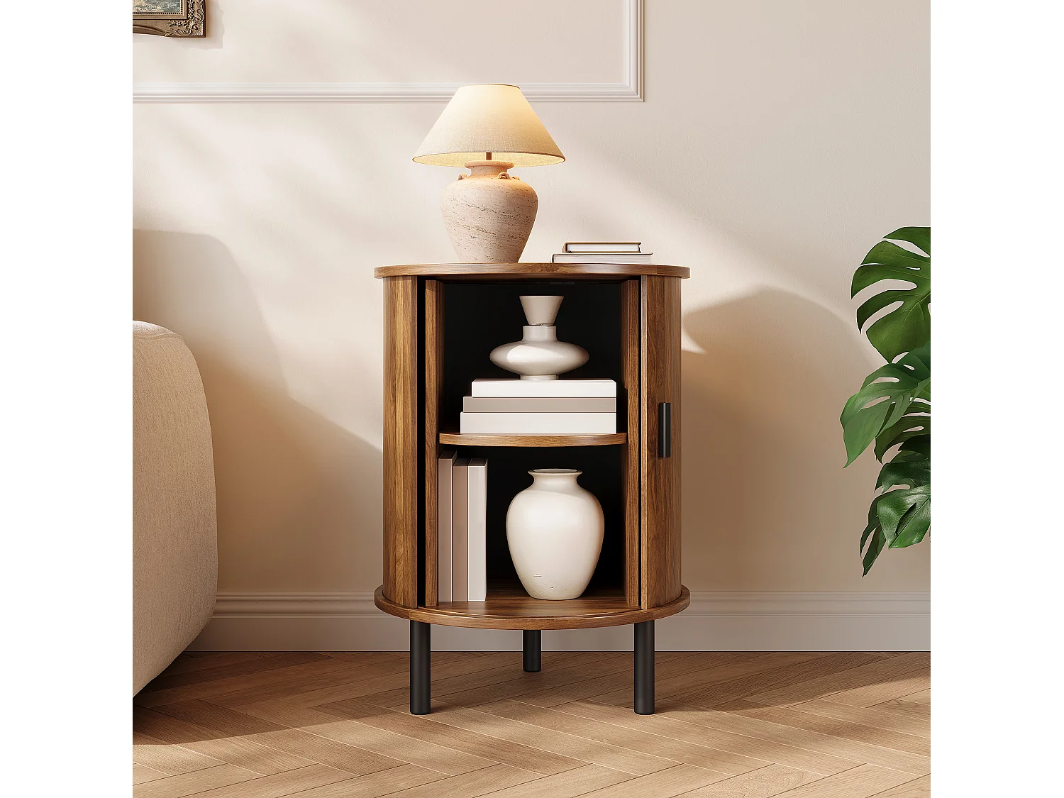 Table d'appoint, buffet rond 48x48x65 cm - 1 porte coulissante - Rayures verticales - Double rangement - Pieds en métal - Marron