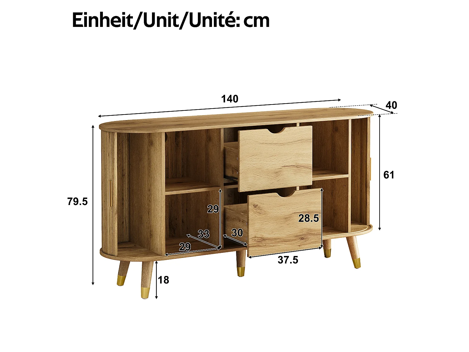 Buffet ovale 140x40x79.5 cm - 2 portes coulissantes et 2 tiroirs - Étagères réglables - Pieds en bois massif - MDF - Naturel