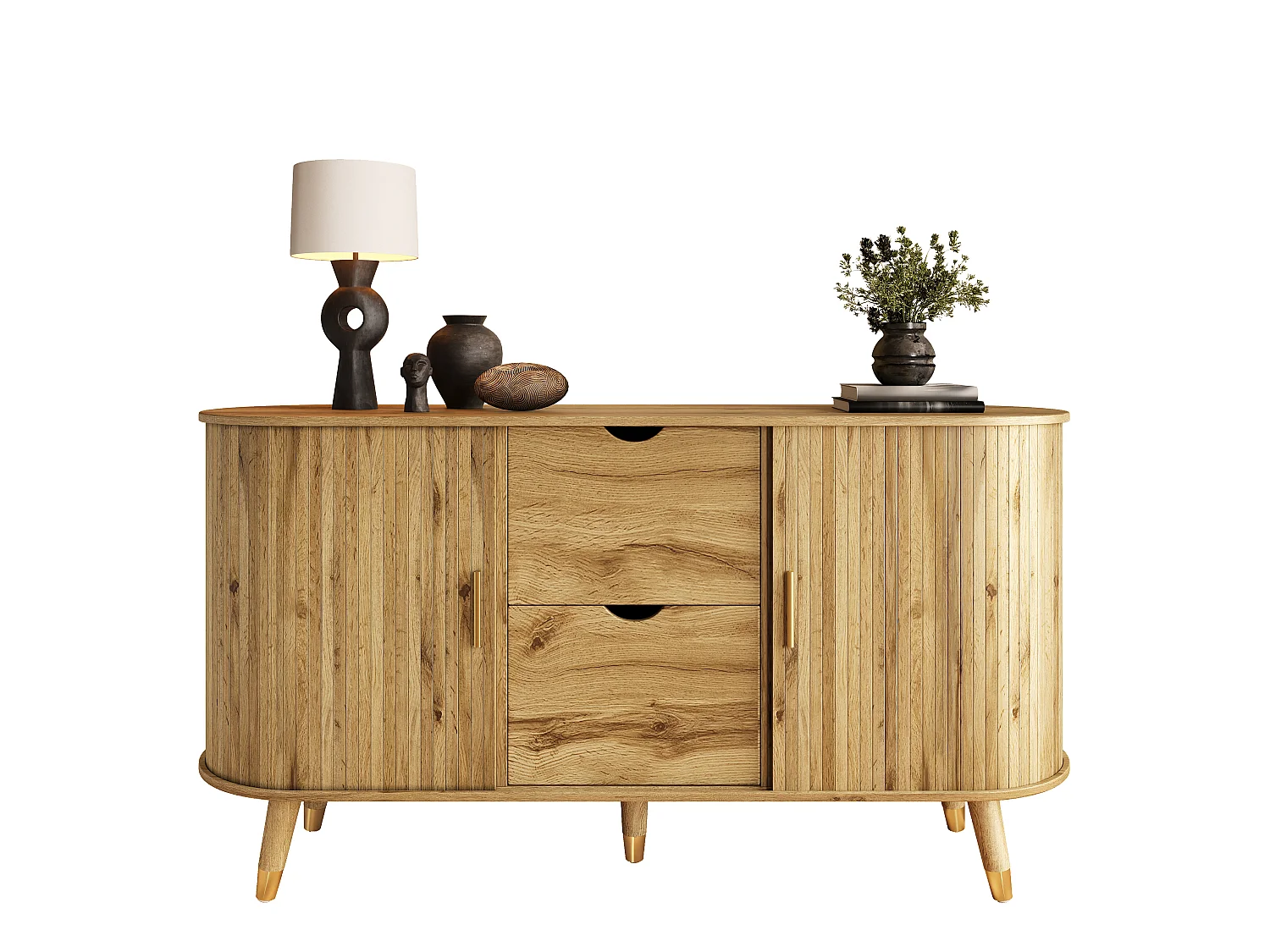 Buffet ovale 140x40x79.5 cm - 2 portes coulissantes et 2 tiroirs - Étagères réglables - Pieds en bois massif - MDF - Naturel