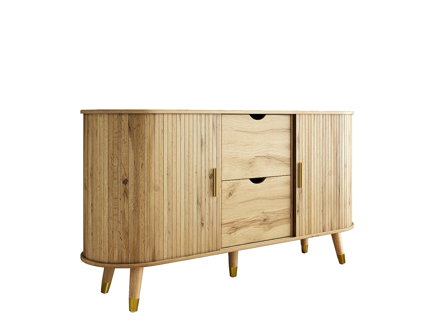 Buffet ovale 140x40x79.5 cm - 2 portes coulissantes et 2 tiroirs - Étagères réglables - Pieds en bois massif - MDF - Naturel