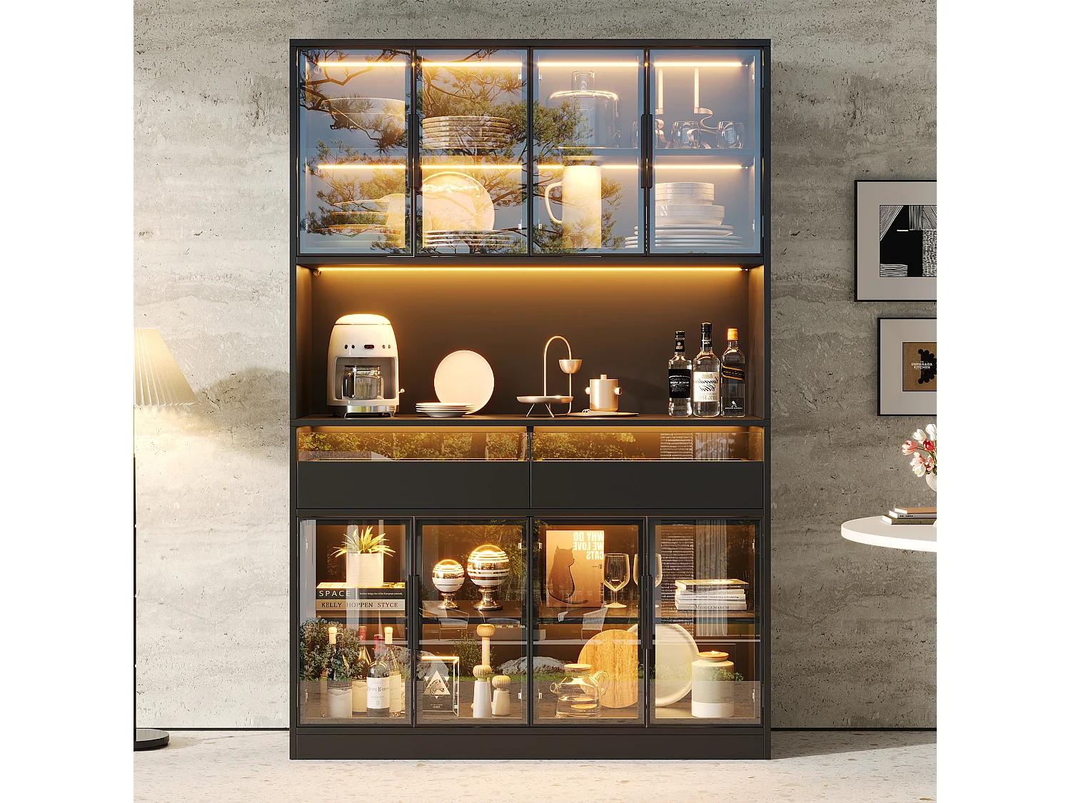 Vitrine 120 x 40 x 180 cm avec éclairage LED - 8 portes vitrées et 2 tiroirs - Étagère ouverte - MDF - Noir