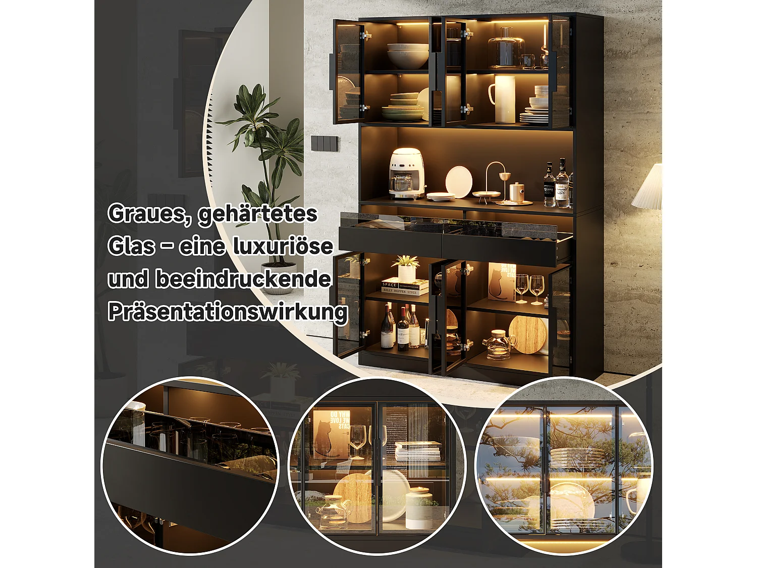 Vitrine 120 x 40 x 180 cm avec éclairage LED - 8 portes vitrées et 2 tiroirs - Étagère ouverte - MDF - Noir