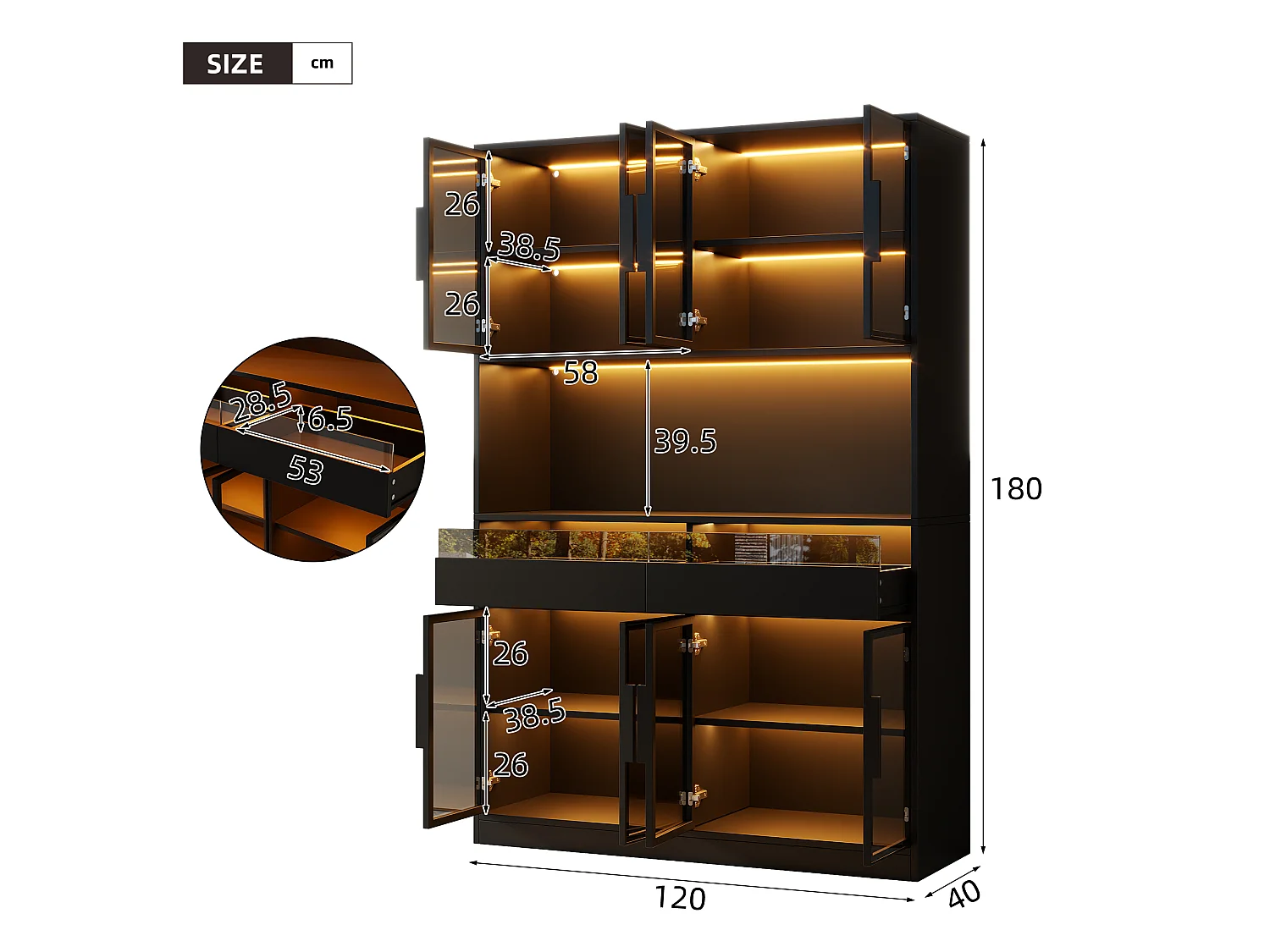 Vitrine 120 x 40 x 180 cm avec éclairage LED - 8 portes vitrées et 2 tiroirs - Étagère ouverte - MDF - Noir