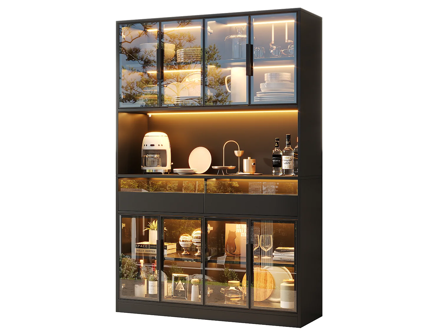 Vitrine 120 x 40 x 180 cm avec éclairage LED - 8 portes vitrées et 2 tiroirs - Étagère ouverte - MDF - Noir