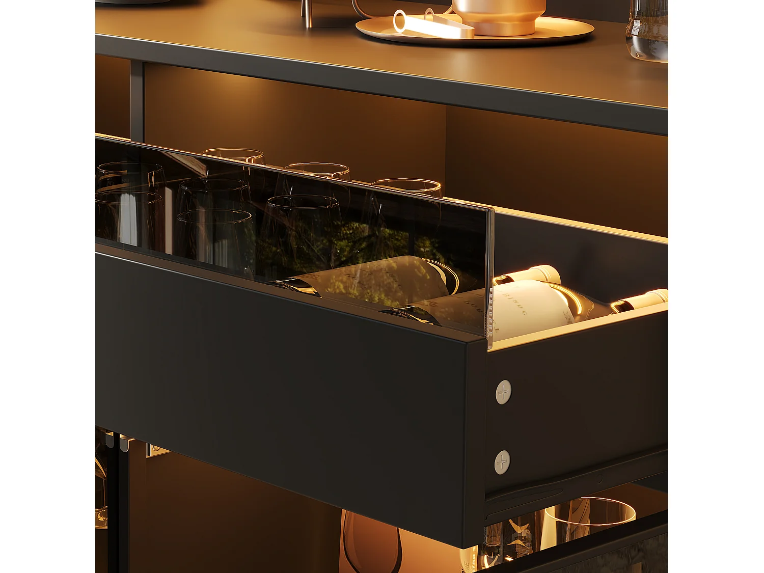 Vitrine 120 x 40 x 180 cm avec éclairage LED - 8 portes vitrées et 2 tiroirs - Étagère ouverte - MDF - Noir