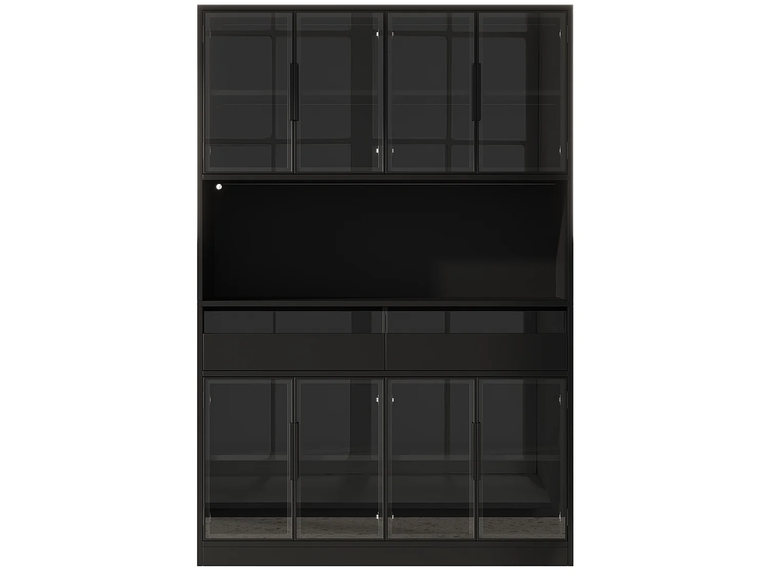 Vitrine 120 x 40 x 180 cm avec éclairage LED - 8 portes vitrées et 2 tiroirs - Étagère ouverte - MDF - Noir