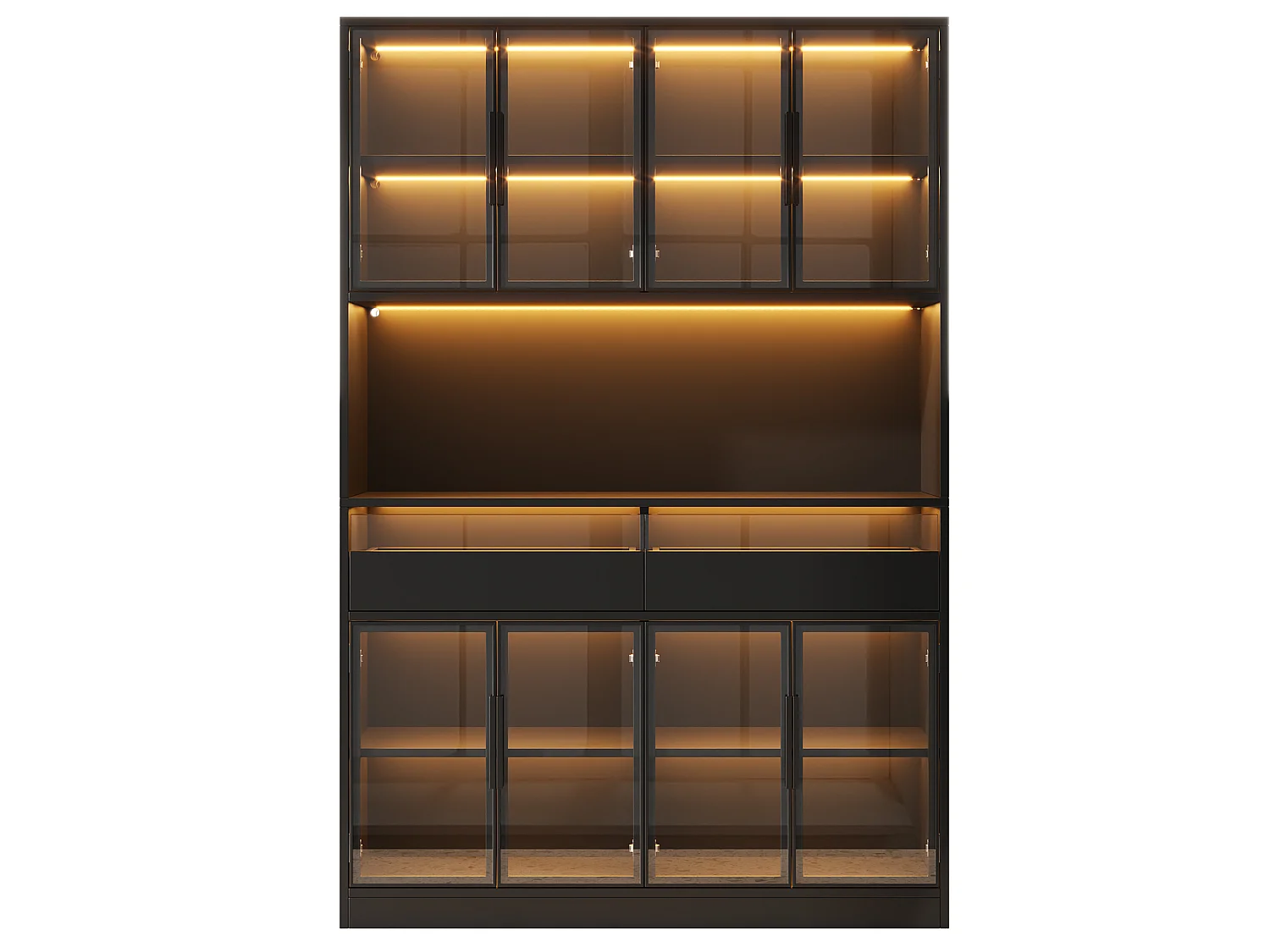 Vitrine 120 x 40 x 180 cm avec éclairage LED - 8 portes vitrées et 2 tiroirs - Étagère ouverte - MDF - Noir