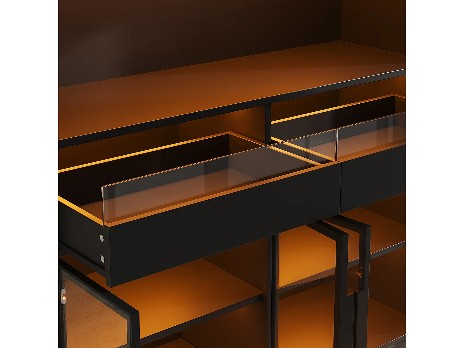 Vitrine 120 x 40 x 180 cm avec éclairage LED - 8 portes vitrées et 2 tiroirs - Étagère ouverte - MDF - Noir
