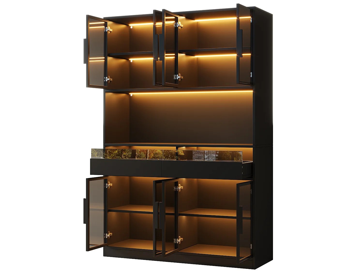 Vitrine 120 x 40 x 180 cm avec éclairage LED - 8 portes vitrées et 2 tiroirs - Étagère ouverte - MDF - Noir
