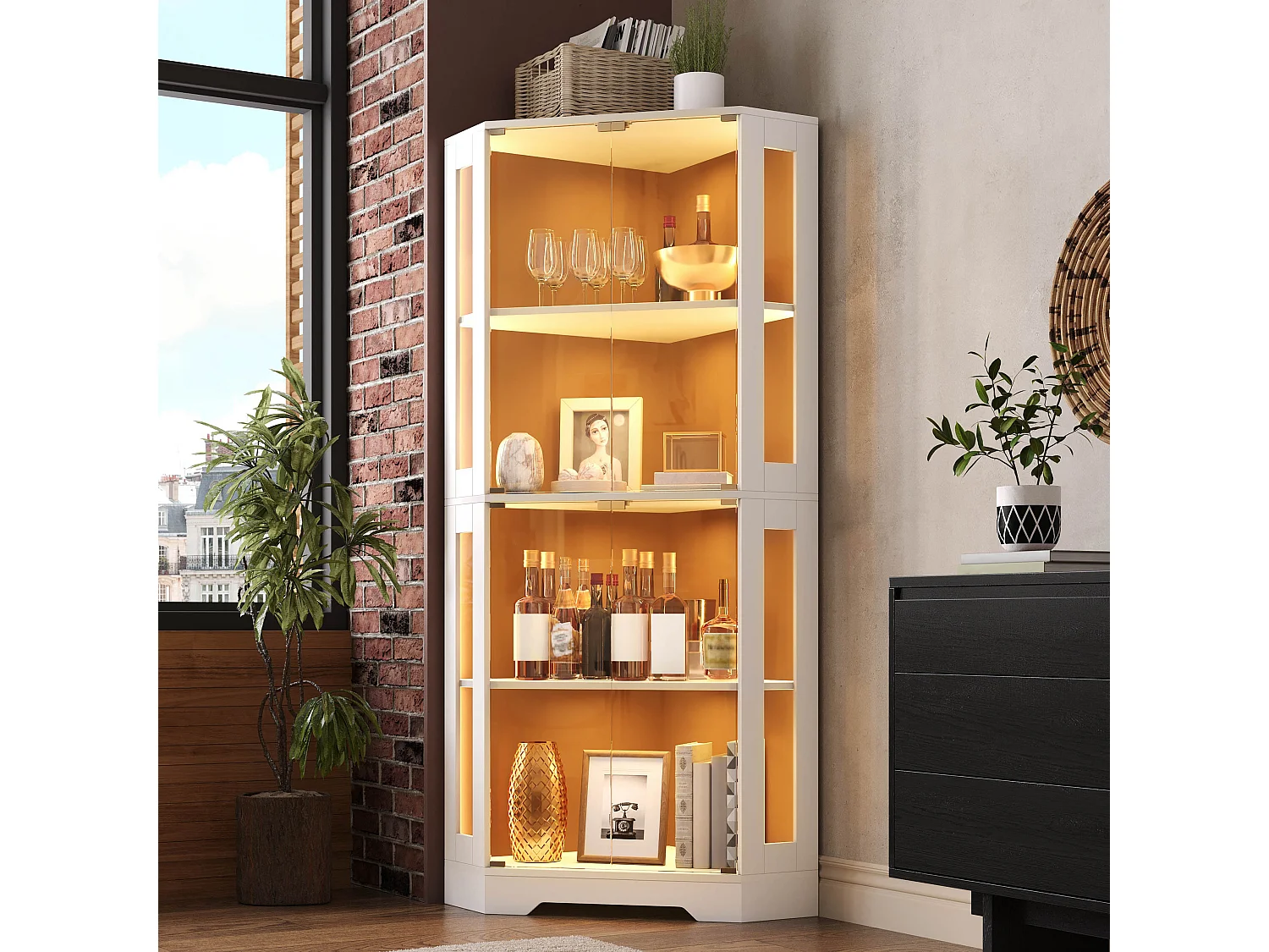 Vitrine d'angle avec LED RGB, 2 portes en verre trempé et étagères réglables - MDF et verre - 40 x 40 x 165 cm - Blanc