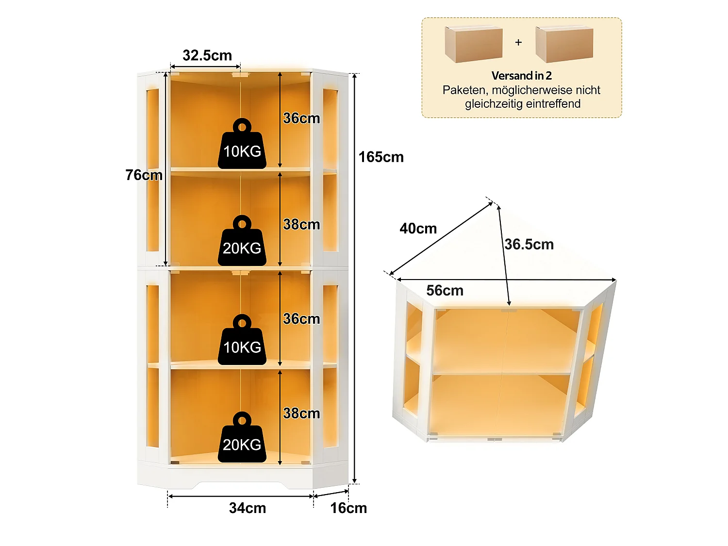 Vitrine d'angle avec LED RGB, 2 portes en verre trempé et étagères réglables - MDF et verre - 40 x 40 x 165 cm - Blanc