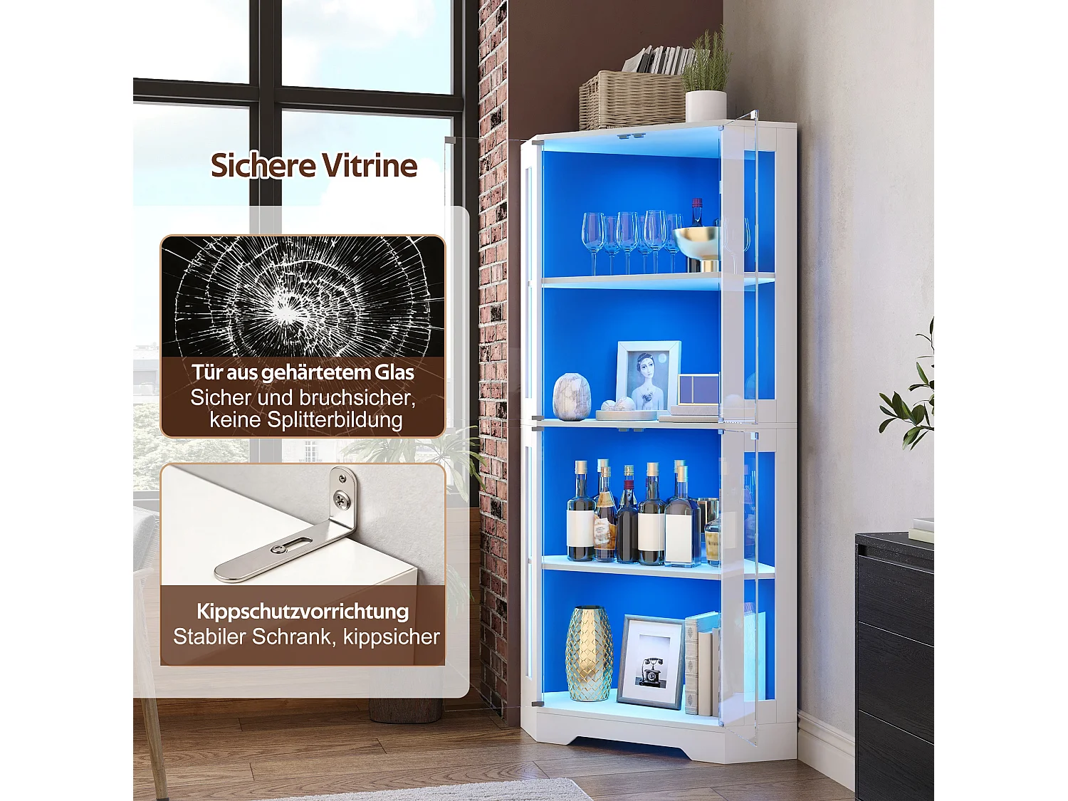 Vitrine d'angle avec LED RGB, 2 portes en verre trempé et étagères réglables - MDF et verre - 40 x 40 x 165 cm - Blanc