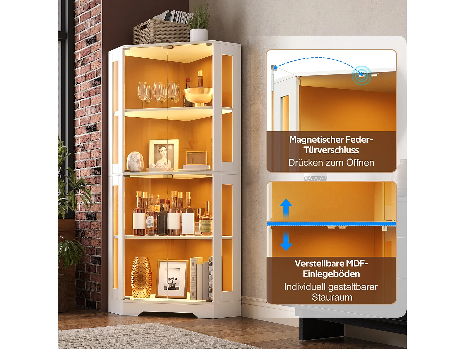 Vitrine d'angle avec LED RGB, 2 portes en verre trempé et étagères réglables - MDF et verre - 40 x 40 x 165 cm - Blanc