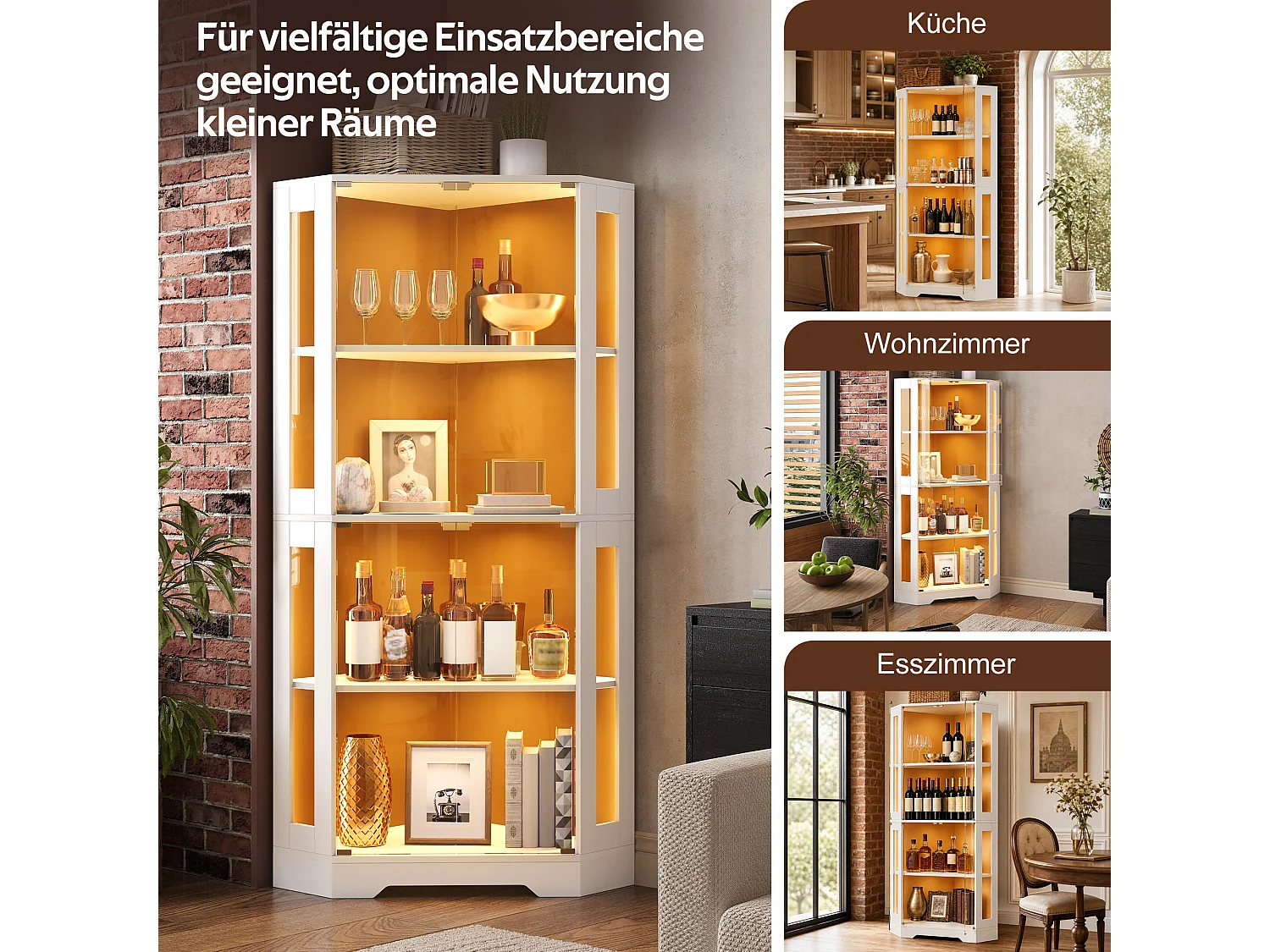 Vitrine d'angle avec LED RGB, 2 portes en verre trempé et étagères réglables - MDF et verre - 40 x 40 x 165 cm - Blanc