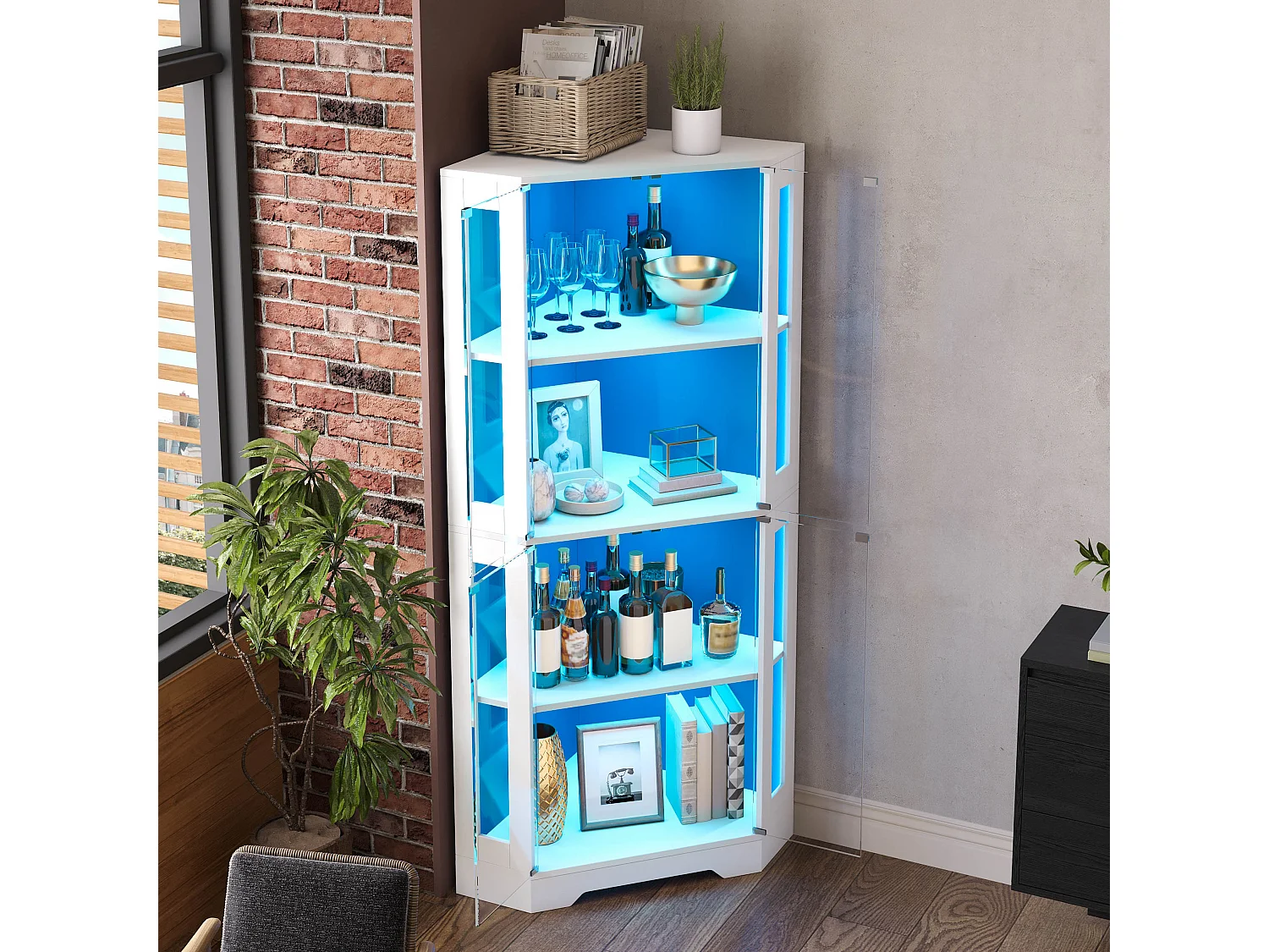 Vitrine d'angle avec LED RGB, 2 portes en verre trempé et étagères réglables - MDF et verre - 40 x 40 x 165 cm - Blanc