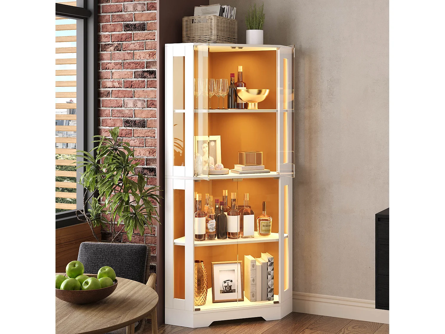Vitrine d'angle avec LED RGB, 2 portes en verre trempé et étagères réglables - MDF et verre - 40 x 40 x 165 cm - Blanc