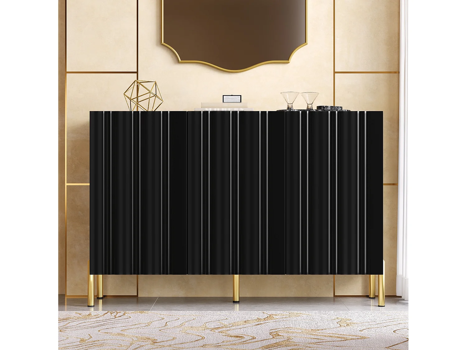 Buffet/Meuble à chaussures 120x35.5x80cm - Avec 3 portes - Étagères réglables - Pieds en métal doré - MDF - Noir