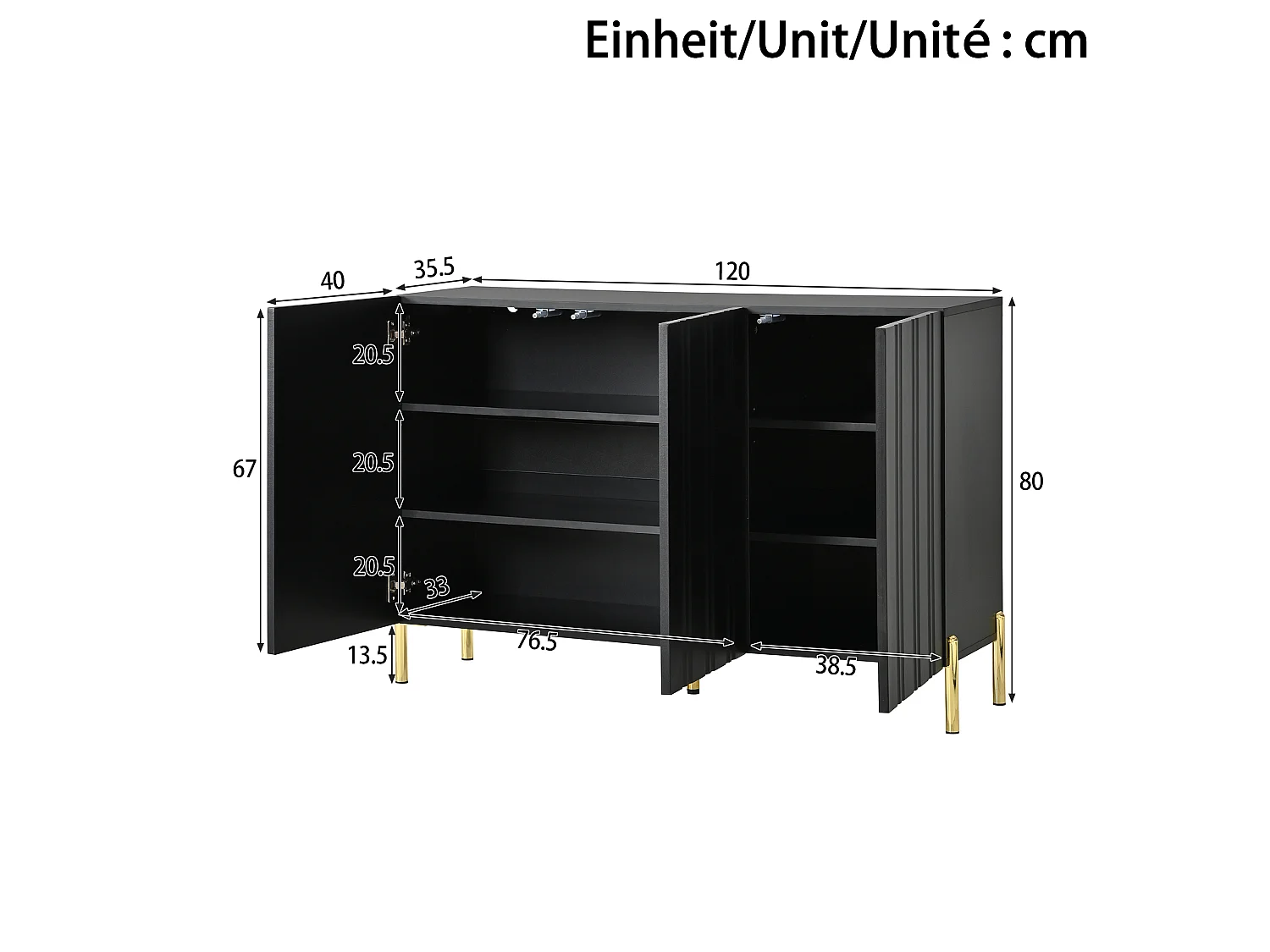 Buffet/Meuble à chaussures 120x35.5x80cm - Avec 3 portes - Étagères réglables - Pieds en métal doré - MDF - Noir