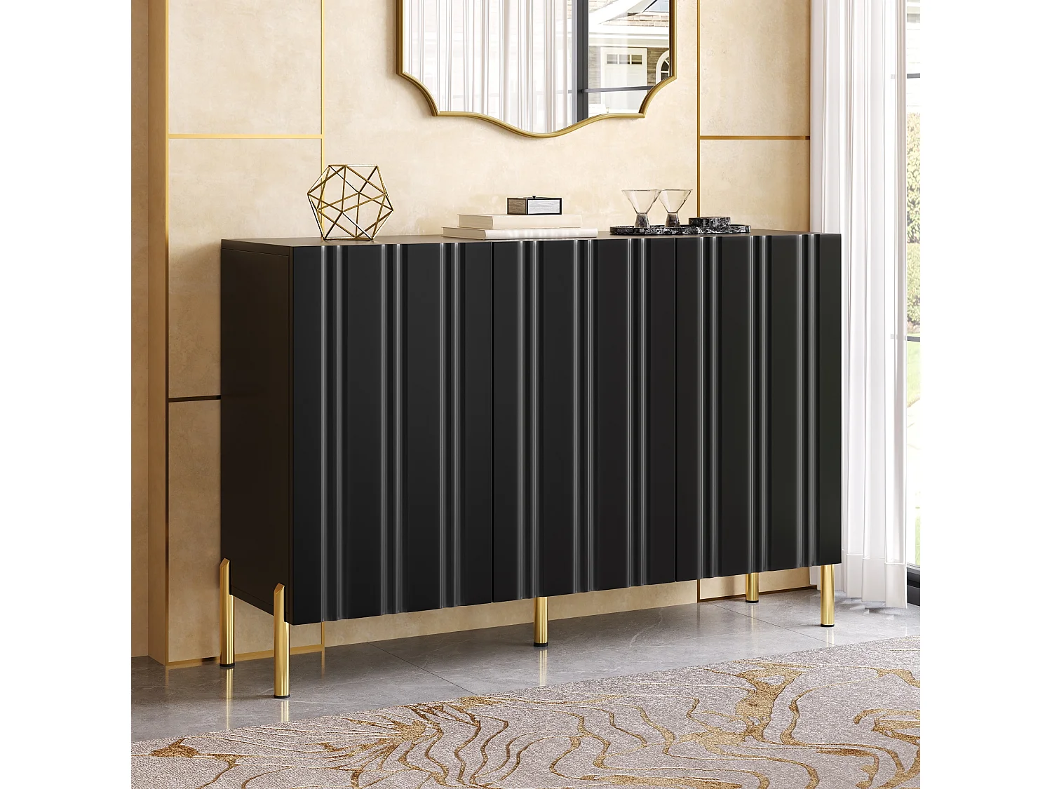 Buffet/Meuble à chaussures 120x35.5x80cm - Avec 3 portes - Étagères réglables - Pieds en métal doré - MDF - Noir