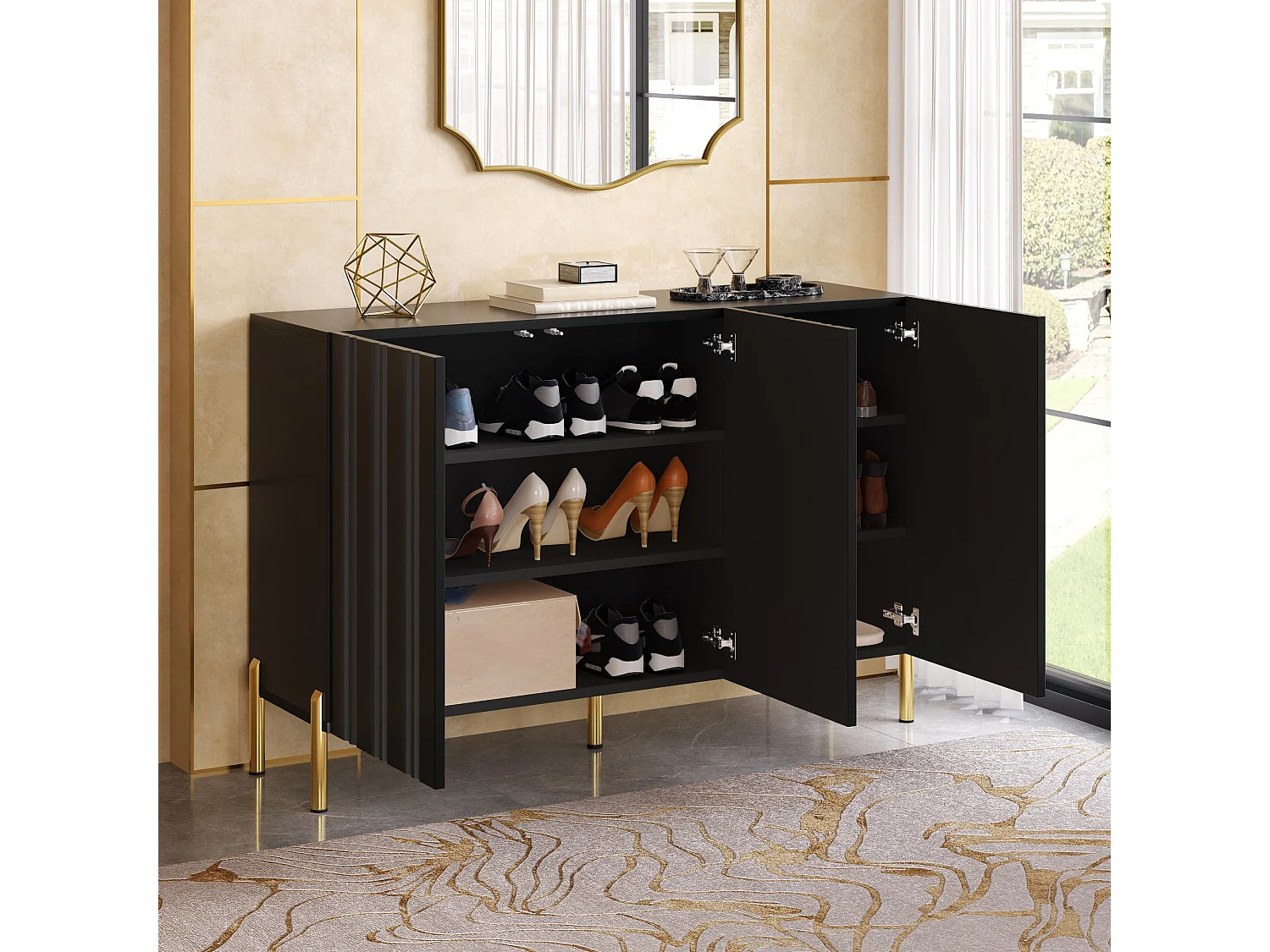 Buffet/Meuble à chaussures 120x35.5x80cm - Avec 3 portes - Étagères réglables - Pieds en métal doré - MDF - Noir