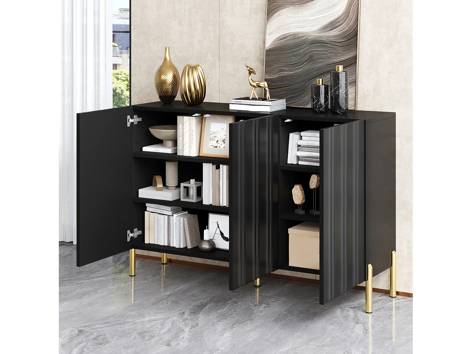 Buffet/Meuble à chaussures 120x35.5x80cm - Avec 3 portes - Étagères réglables - Pieds en métal doré - MDF - Noir