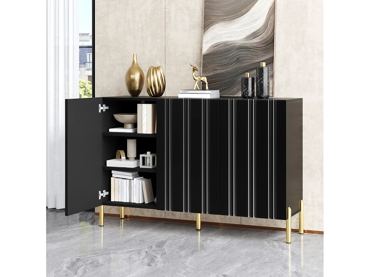 Buffet/Meuble à chaussures 120x35.5x80cm - Avec 3 portes - Étagères réglables - Pieds en métal doré - MDF - Noir