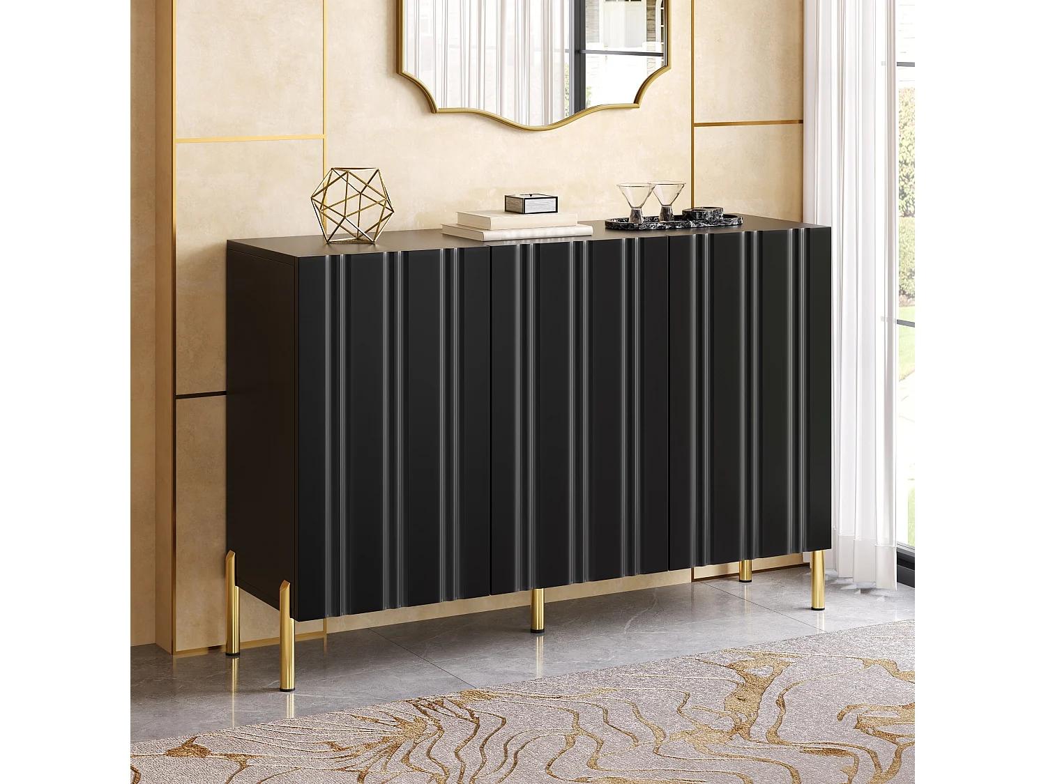 Buffet/Meuble à chaussures 120x35.5x80cm - Avec 3 portes - Étagères réglables - Pieds en métal doré - MDF - Noir