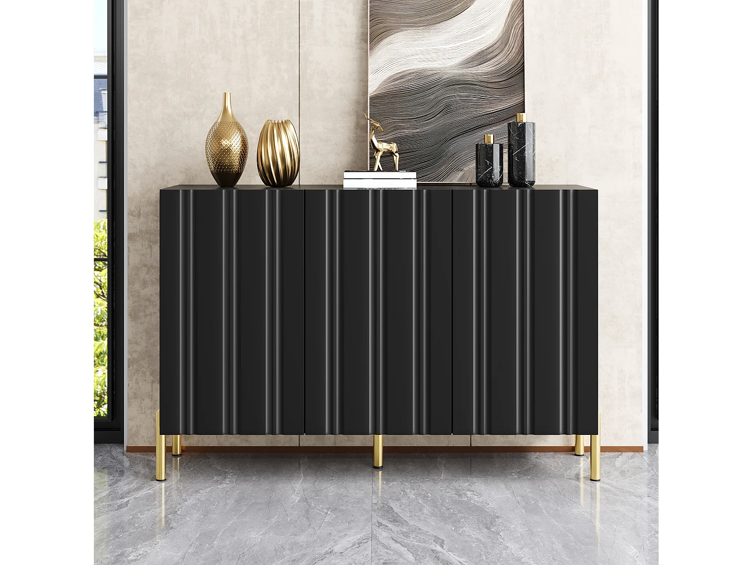 Buffet/Meuble à chaussures 120x35.5x80cm - Avec 3 portes - Étagères réglables - Pieds en métal doré - MDF - Noir