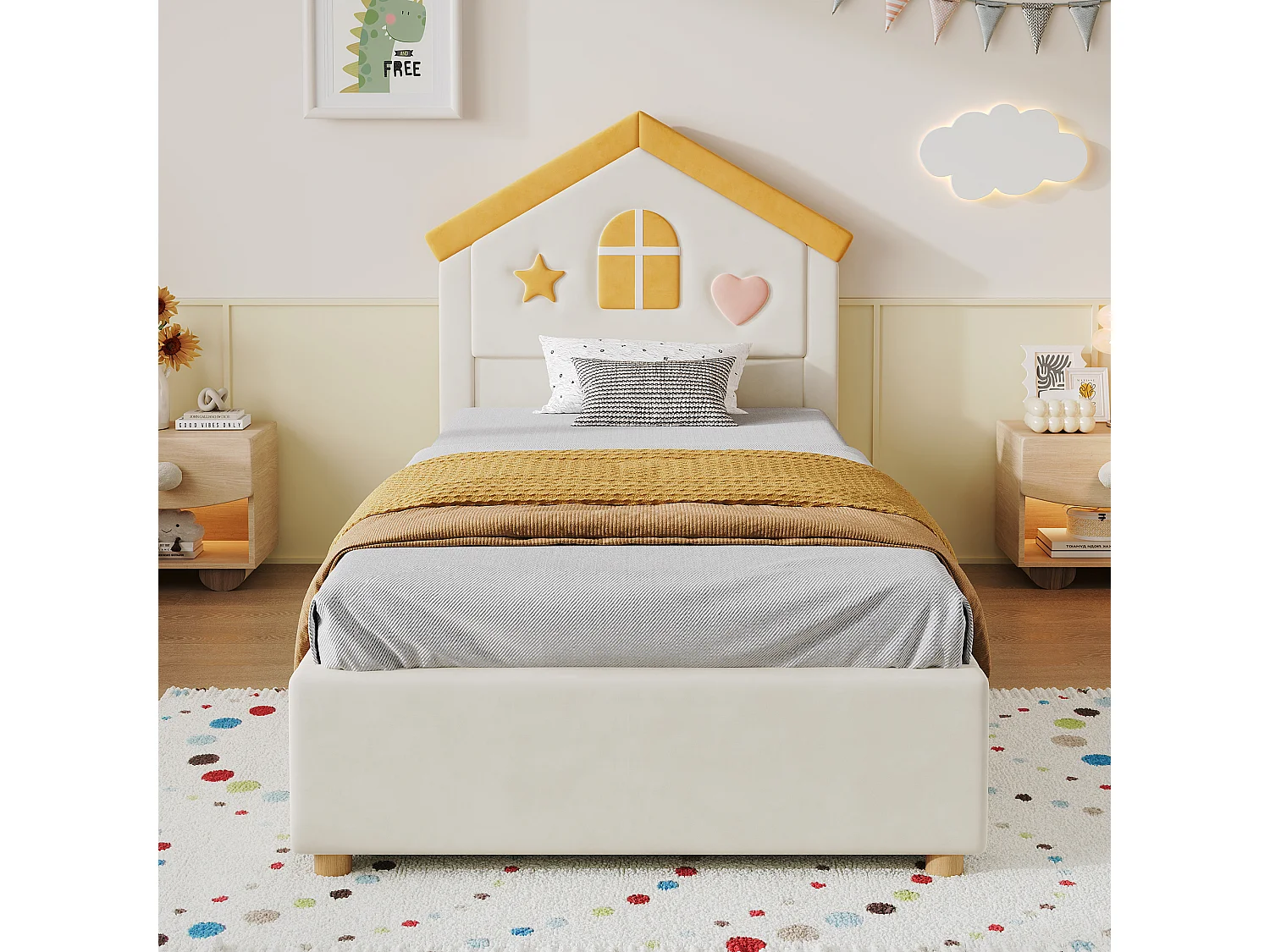Kinderbett einfach gepolstert 90x200cm - mit 4 Schubladen - Kopfteil in Hausform - Veloursstoff - beige (ohne Matratze)