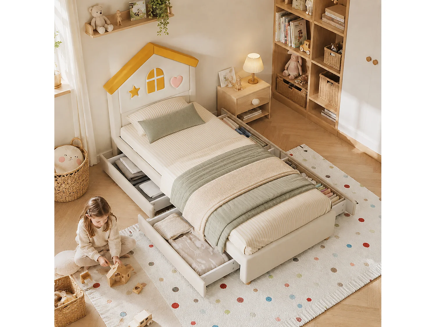 Kinderbett einfach gepolstert 90x200cm - mit 4 Schubladen - Kopfteil in Hausform - Veloursstoff - beige (ohne Matratze)