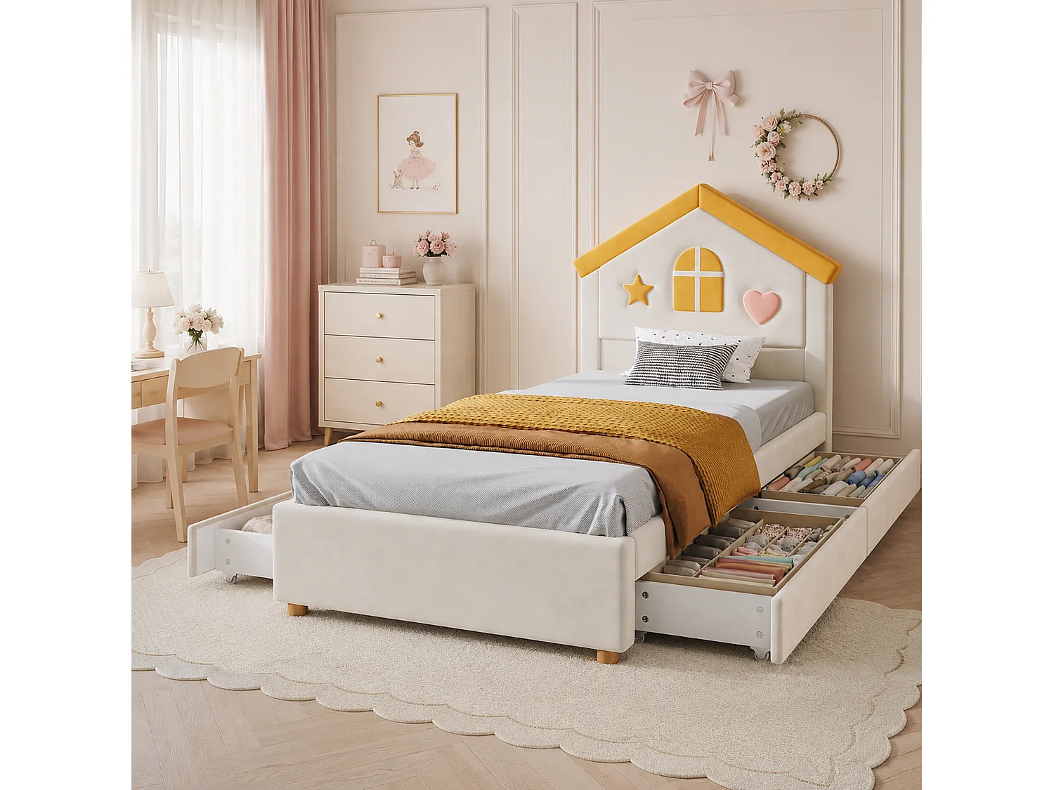 Kinderbett einfach gepolstert 90x200cm - mit 4 Schubladen - Kopfteil in Hausform - Veloursstoff - beige (ohne Matratze)