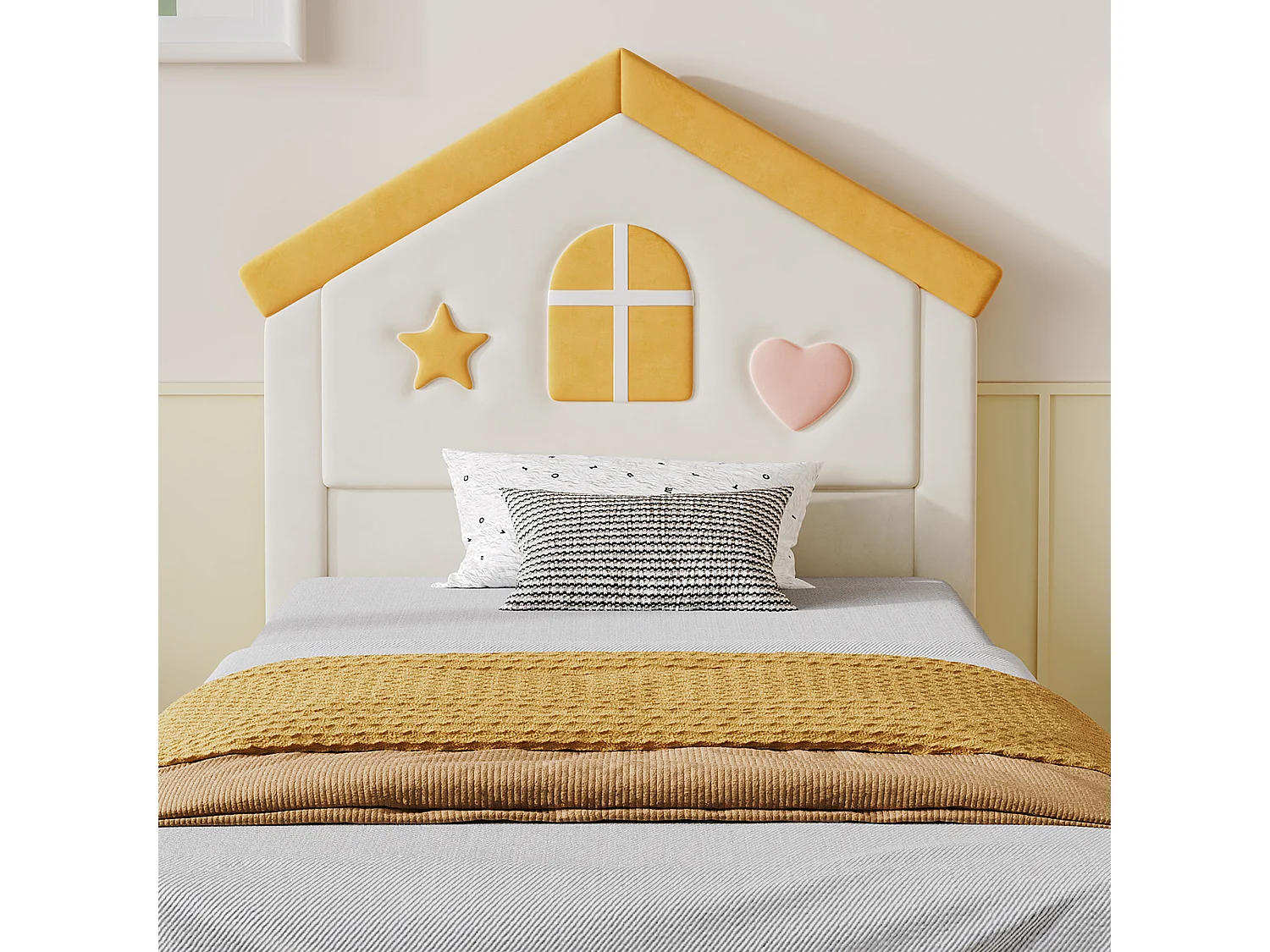 Kinderbett einfach gepolstert 90x200cm - mit 4 Schubladen - Kopfteil in Hausform - Veloursstoff - beige (ohne Matratze)