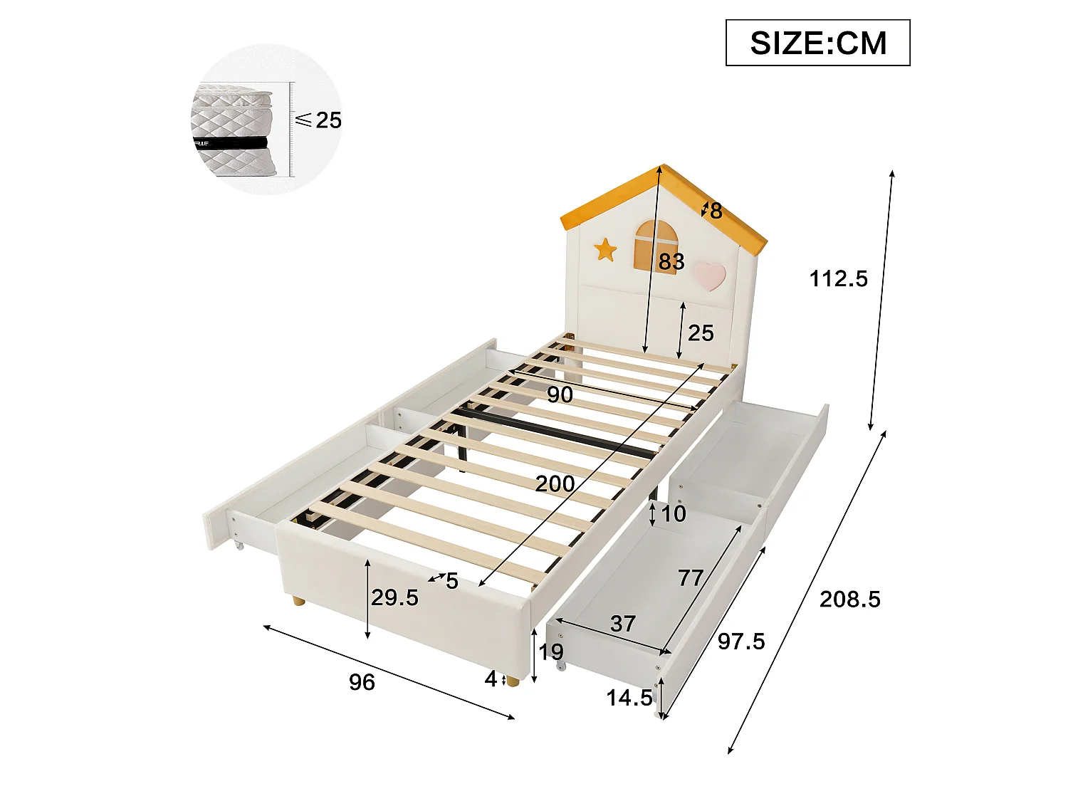 Kinderbett einfach gepolstert 90x200cm - mit 4 Schubladen - Kopfteil in Hausform - Veloursstoff - beige (ohne Matratze)