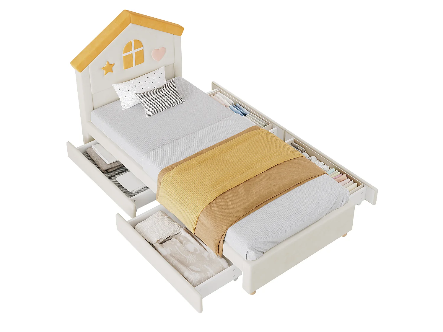 Kinderbett einfach gepolstert 90x200cm - mit 4 Schubladen - Kopfteil in Hausform - Veloursstoff - beige (ohne Matratze)