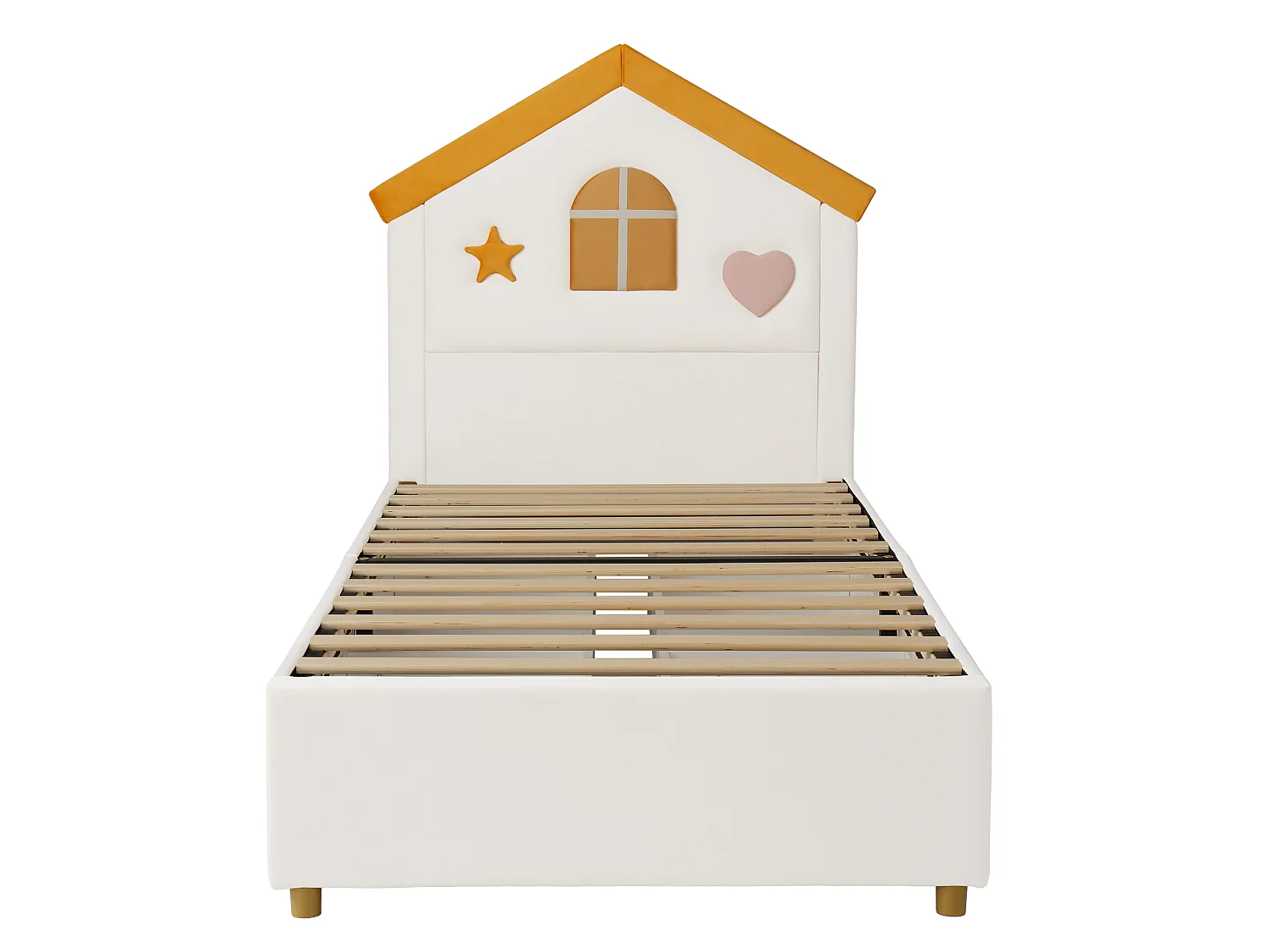 Kinderbett einfach gepolstert 90x200cm - mit 4 Schubladen - Kopfteil in Hausform - Veloursstoff - beige (ohne Matratze)