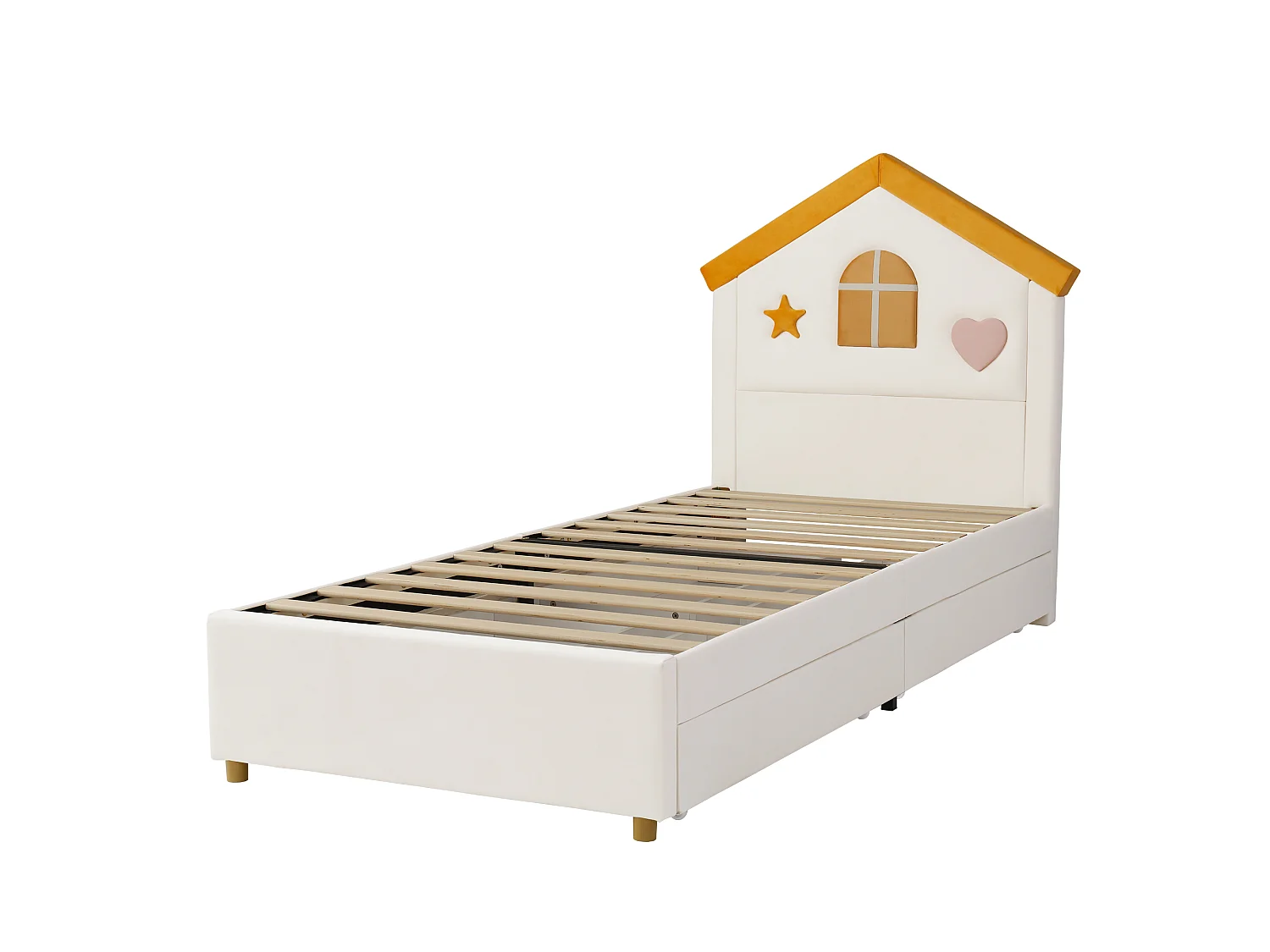 Kinderbett einfach gepolstert 90x200cm - mit 4 Schubladen - Kopfteil in Hausform - Veloursstoff - beige (ohne Matratze)