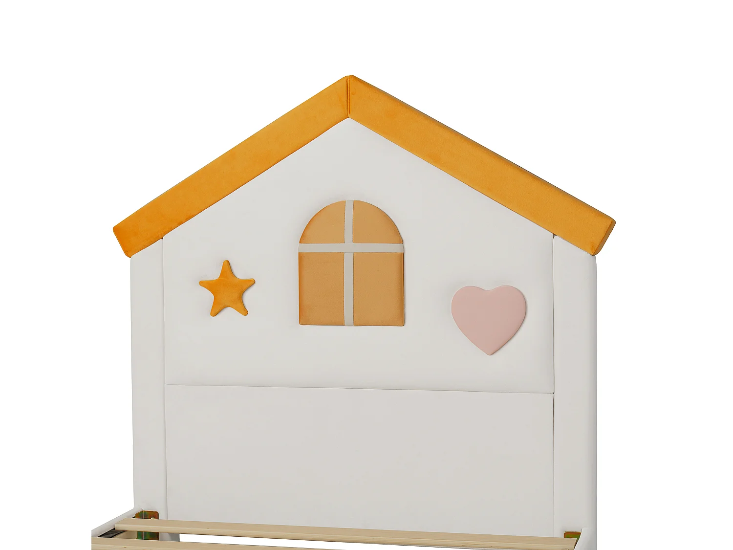 Kinderbett einfach gepolstert 90x200cm - mit 4 Schubladen - Kopfteil in Hausform - Veloursstoff - beige (ohne Matratze)